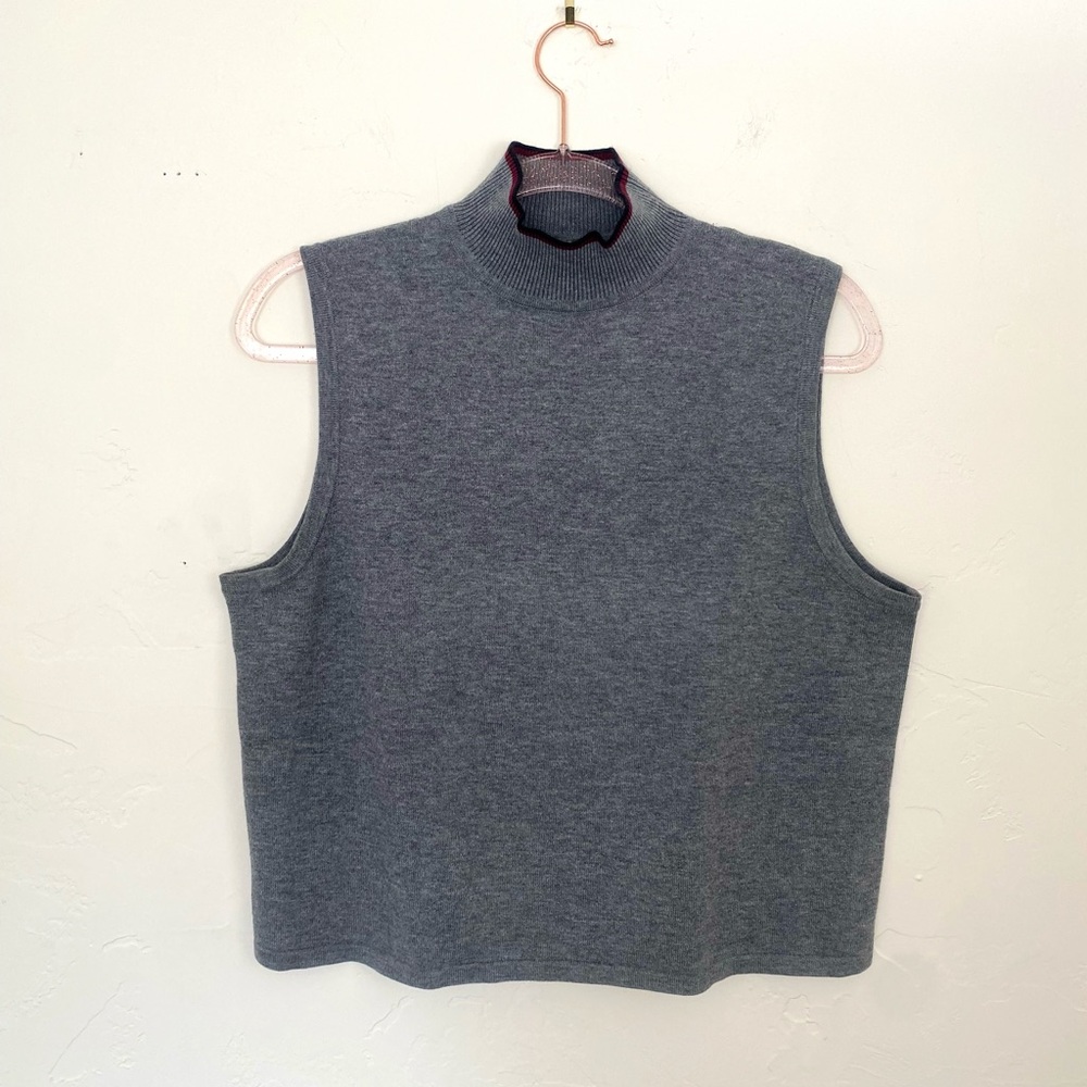 Christopher & Banks XL Gray Sleeveless Turtleneck Sweater Red Black Trim Collar